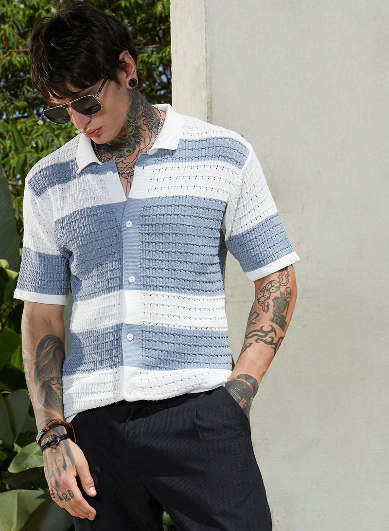 Men's Icy Blue & Daisy White Panel-Knit Relaxed Shirt For Casual Wear | Polo Neck | Short Cuffed Sleeves | Button Closure | Shirt Crafted With Comfort Fit For Everyday Wear